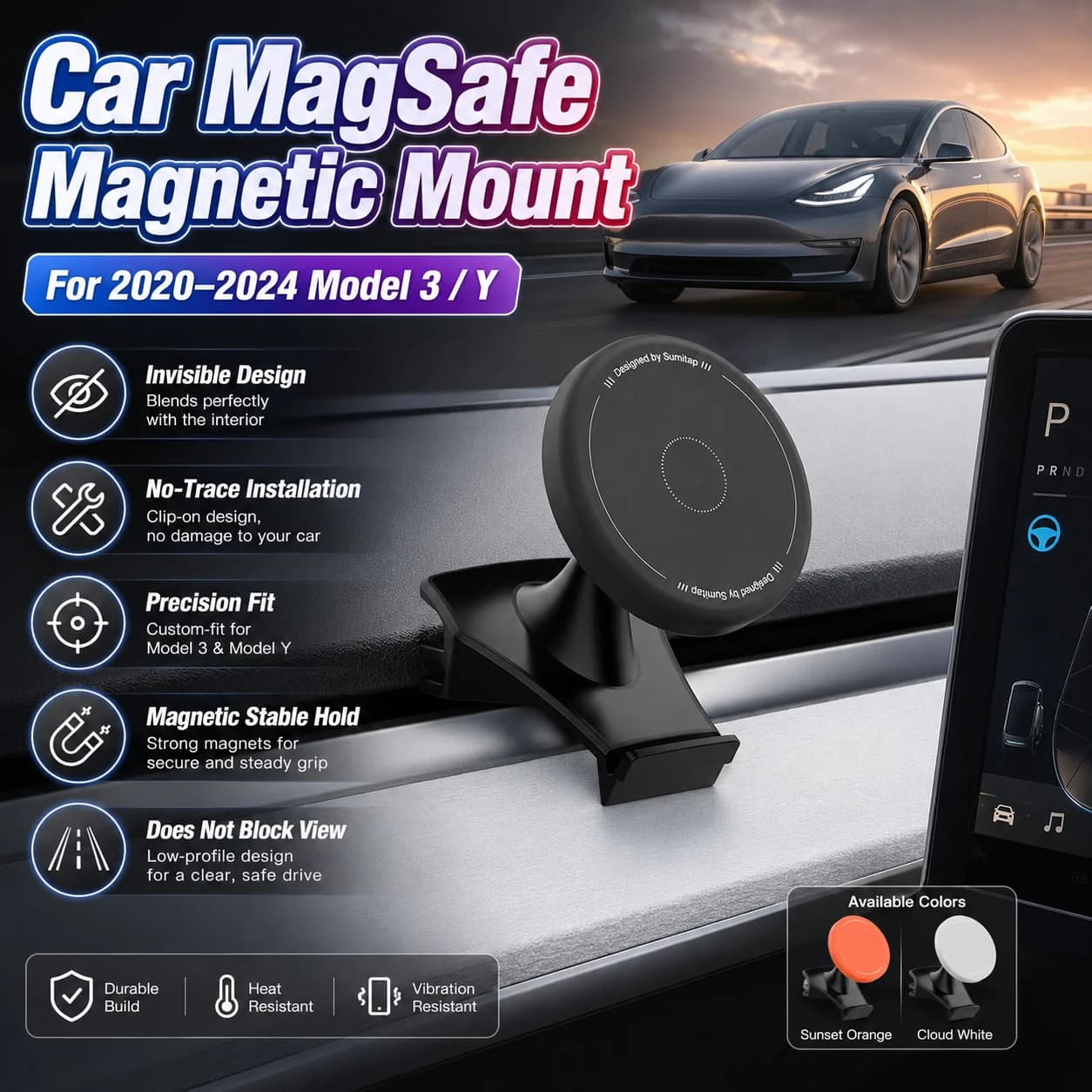 For Tesla Model 3 Model Y Car Phone Holder MagSafe Magnetic Mount 2020-2024 Invisible Dashboard Clip Stand Anti-Shake GPS Bracke