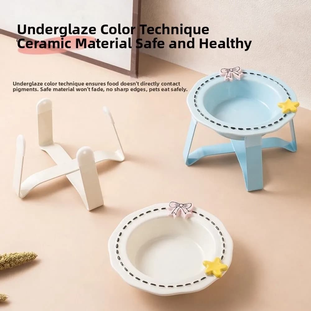 Cute Ceramic Cat Bowl Anti Slip Anti Vomiting Elevated Pet Feeder Bowl Neck Protection Large Caliber Pet Food Dispenser