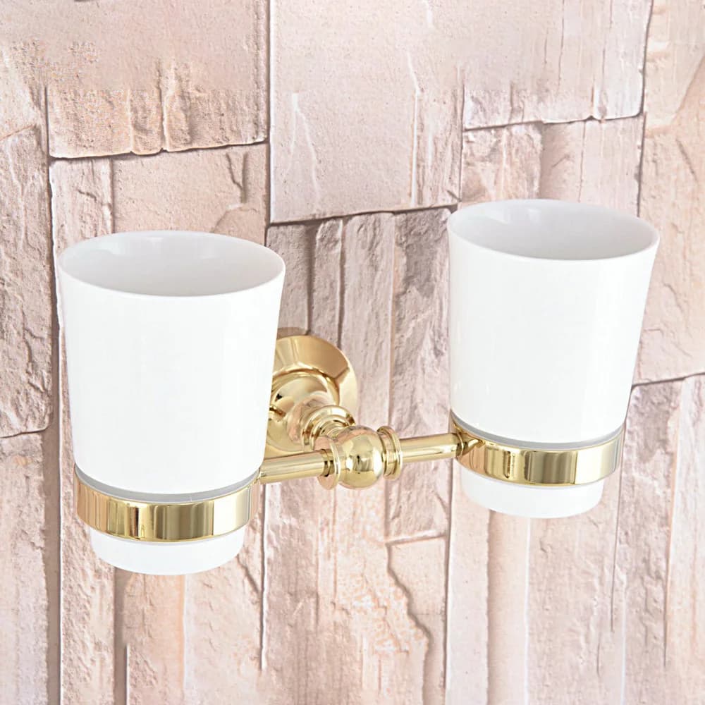 Bagno di lusso Dorato Lucido Spazzolino Da Denti Supporto di Base In Ottone Massiccio Doppio Ceramica Tazze Parete zba315