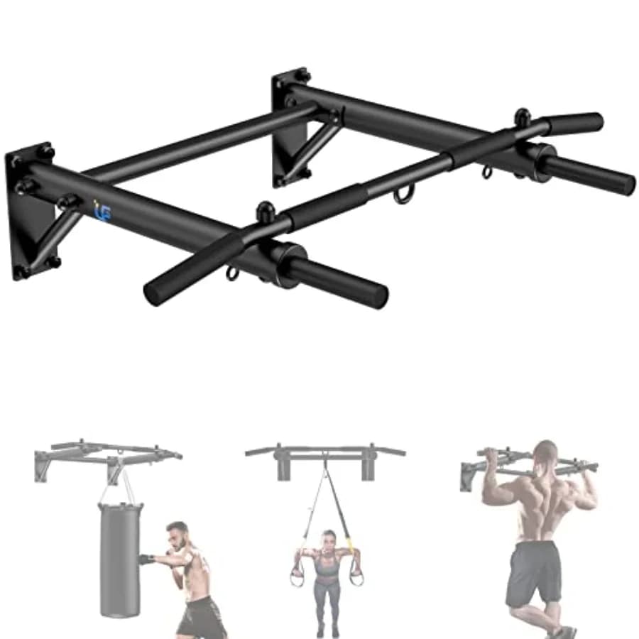 Wall Mounted Pull Up Bar for Home Gym: Thickened Steel Black 300 lbs Max Load Includes Punch Bag TRX Training Hooks