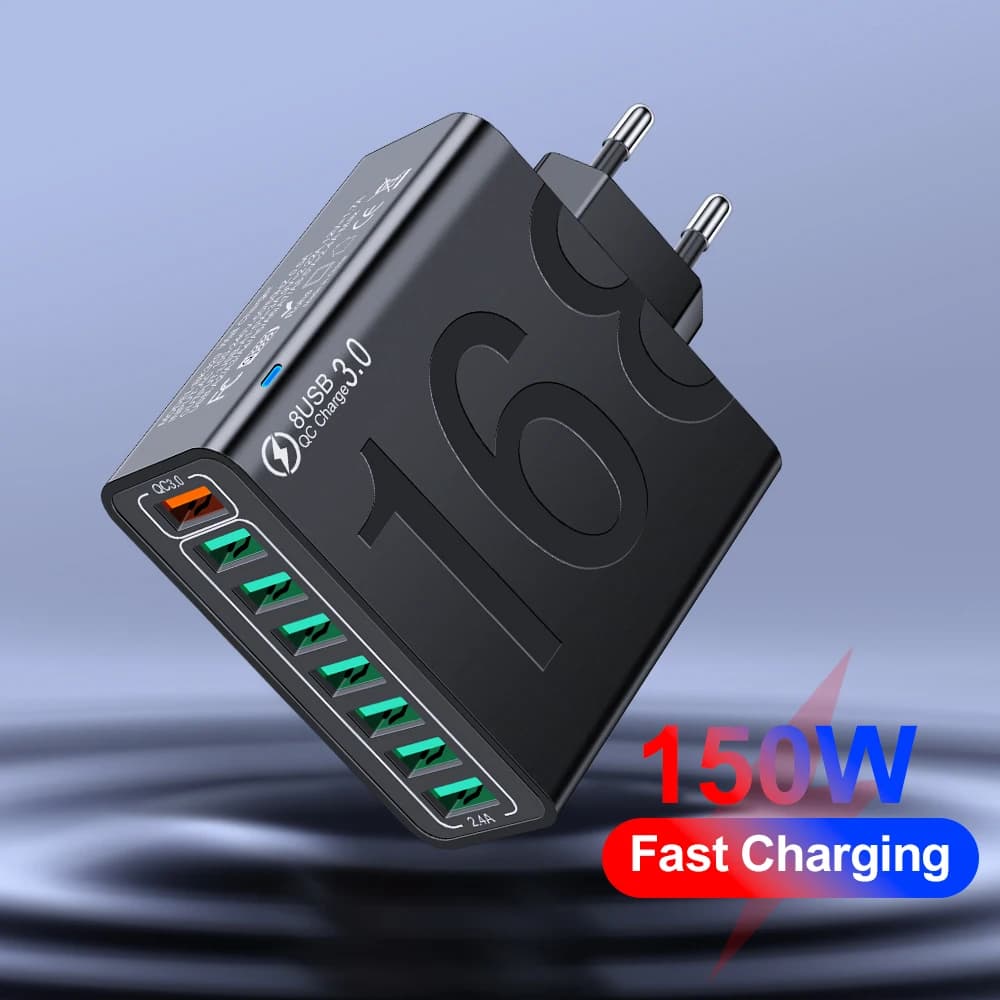 Caricatore totale da 150 W USB Quick Charge 3.0 Adattatore di ricarica per telefono cellulare Caricatore rapido da muro per iPhone Xiaomi Huawei Spina EU/US/KR