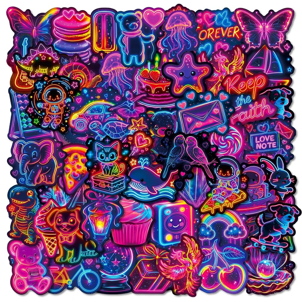 10/30/56pcs Funny Cute Neon Light Stickers Aesthetic Graffiti Decal for Suitcase Notebook Helmet Bike Cartoon Decoration Sticker
