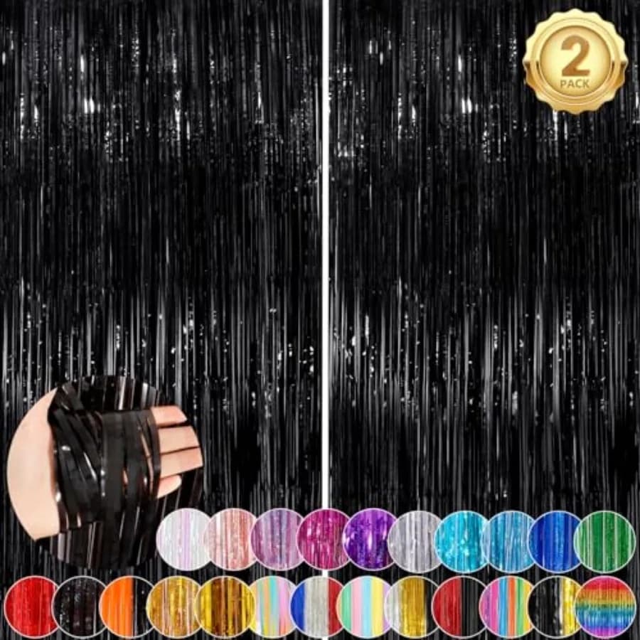 Black Fringe Curtain Party Streamers 2Pack 3.3x8.3 Ft Foil Fringe Backdrop Curtains for Birthday Wedding Bridal Baby Shower Hal