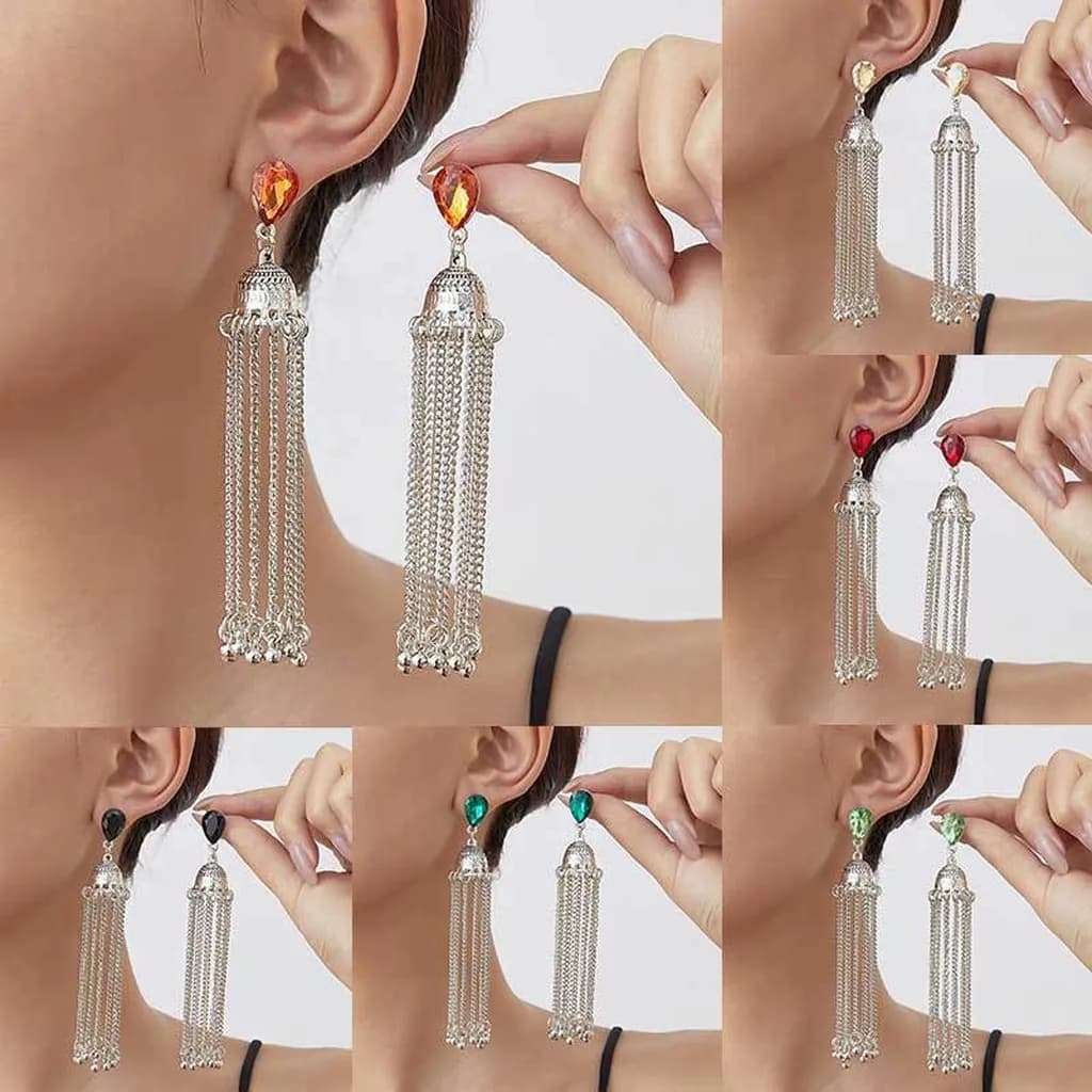 Vintage Bohemian Bell Tassel Dangle Earrings Retro Ethnic Rhinestone Inlaid Long Drop Earrings for Women Fashion Jewelry