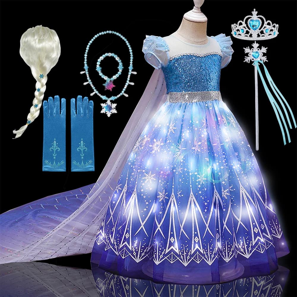 Costume da bambino Copslay Elsa illuminato a LED per ragazze, festa di compleanno, gioco di ruolo, abito da principessa con mantello, abito di carnevale di Halloween