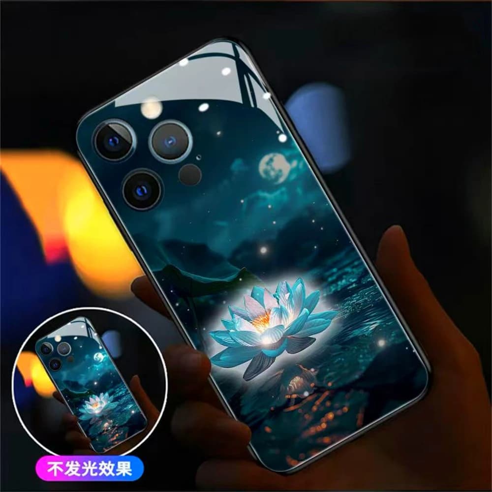 Moon Pure Lotus Incoming Call Music Intelligent Control LED Glowing Phone Case For iPhone Air 17 16 E 15 14 13 12 11 Pro Max XR