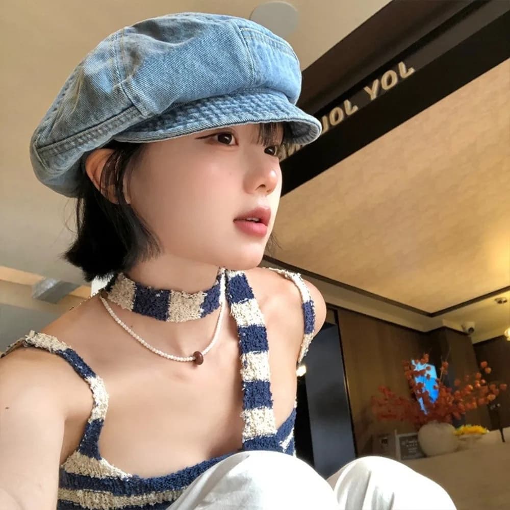 Fashion Vintage Washed Denim Beret Cloud Newsboy Octagonal Cap Visor Artist Peaked Hat Women