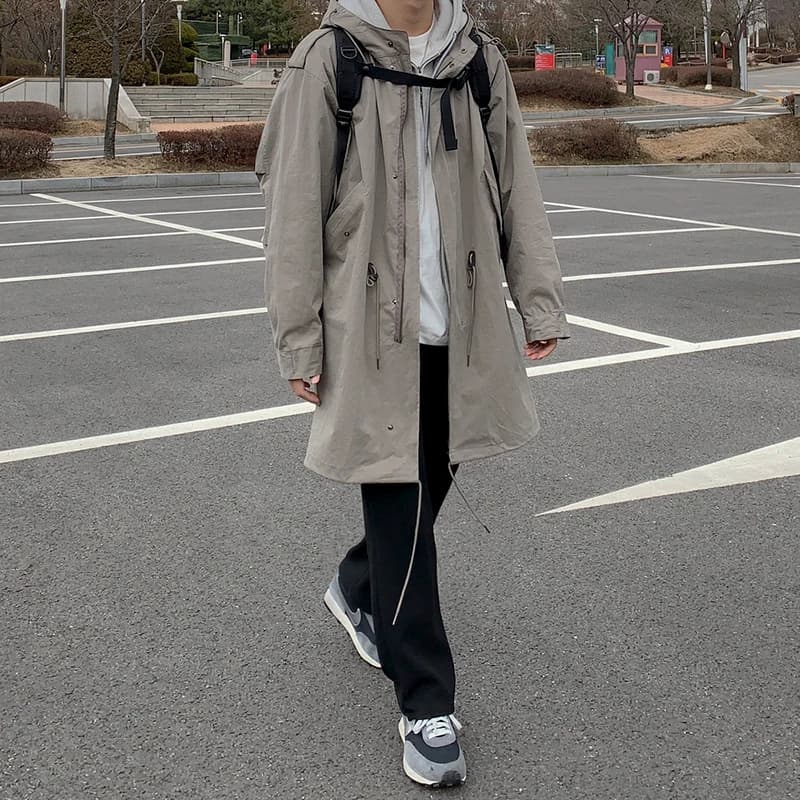 MRCYC Korean Style Hooded Men's Long Coat Trendy Loose Casual Autumn Jacket Youth Cool Windproof Cotton Pure Color