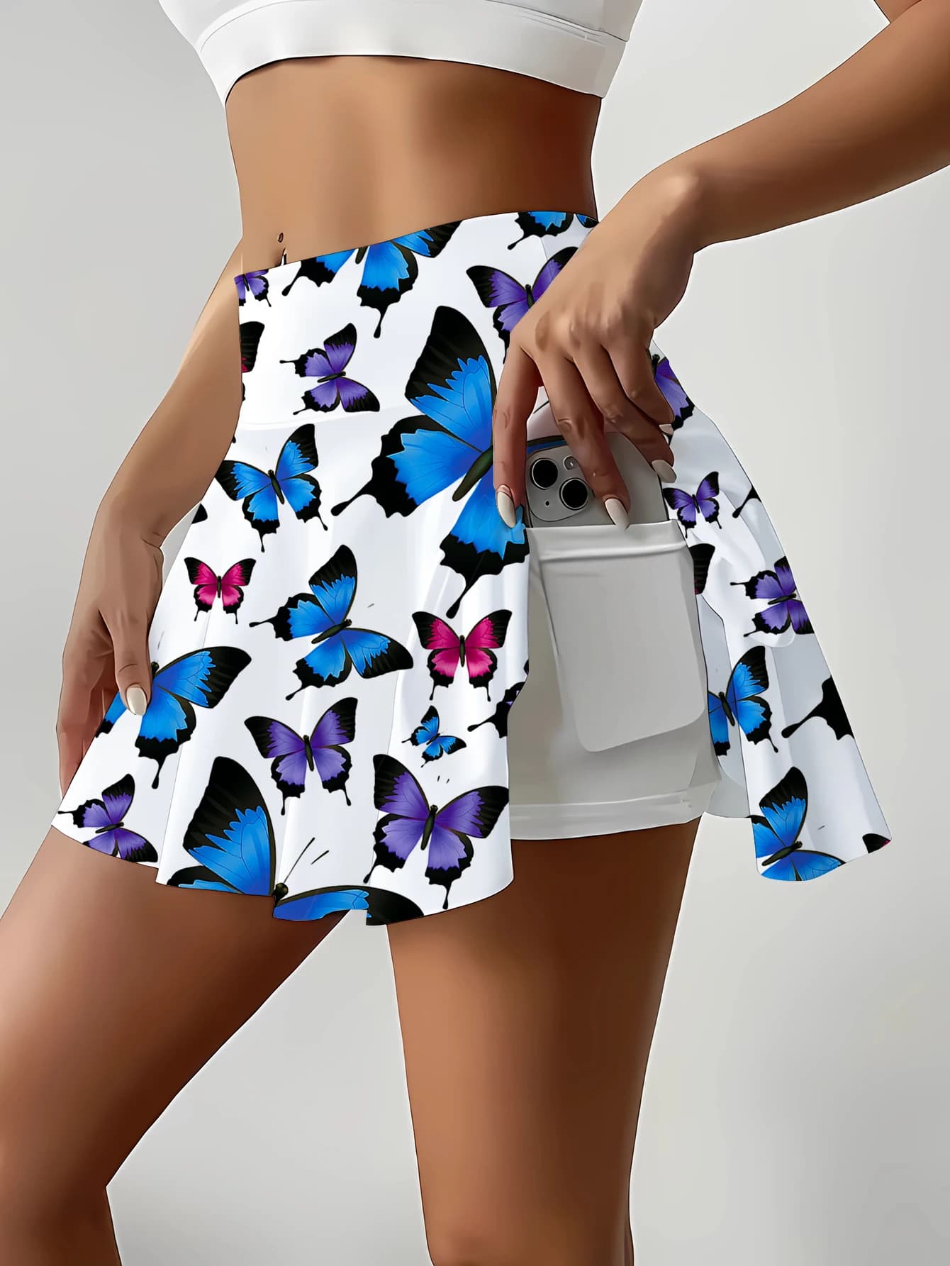 Minigonna da donna con tasca corta con stampa a farfalla Abbigliamento femminile Gonna a trapezio estiva alla moda a vita alta