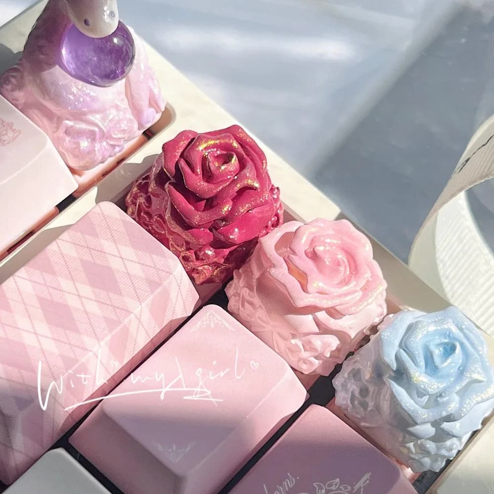 Keycap personalizzato con fiore di rosa estivo, romantico e artigianale, per tastiera meccanica, perfetto come regalo