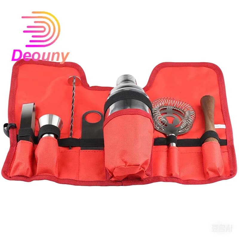 DEOUNY Nuovo set da barista in acciaio inossidabile da 750 ml, shaker da cocktail, strumenti da barista con borsa di stoffa rossa, set da 8 pezzi