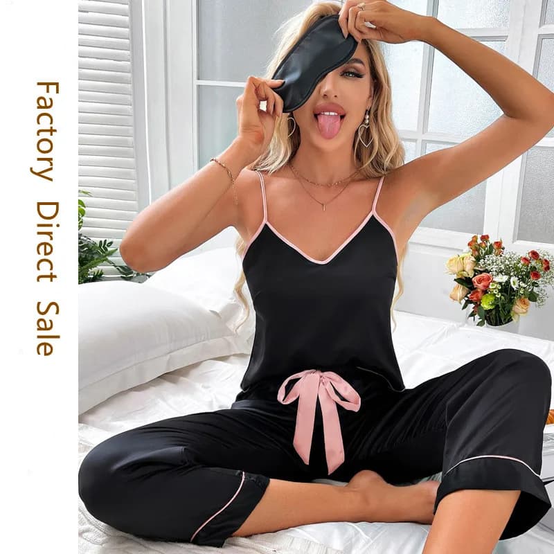 Pigiama sexy in raso da donna Set Lingerie Indumenti da notte Seta Saitn Indumenti da notte Pigiama senza maniche Set Home Wear Pigiama Femme Pigiama