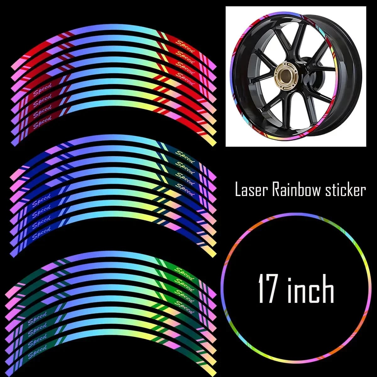 Strisce per styling auto da 17 pollici Nastro per cerchioni arcobaleno Adesivi per ruote moto per bici da motocross per Kawasaki Honda Yamaha Suzuki KTM Ducati