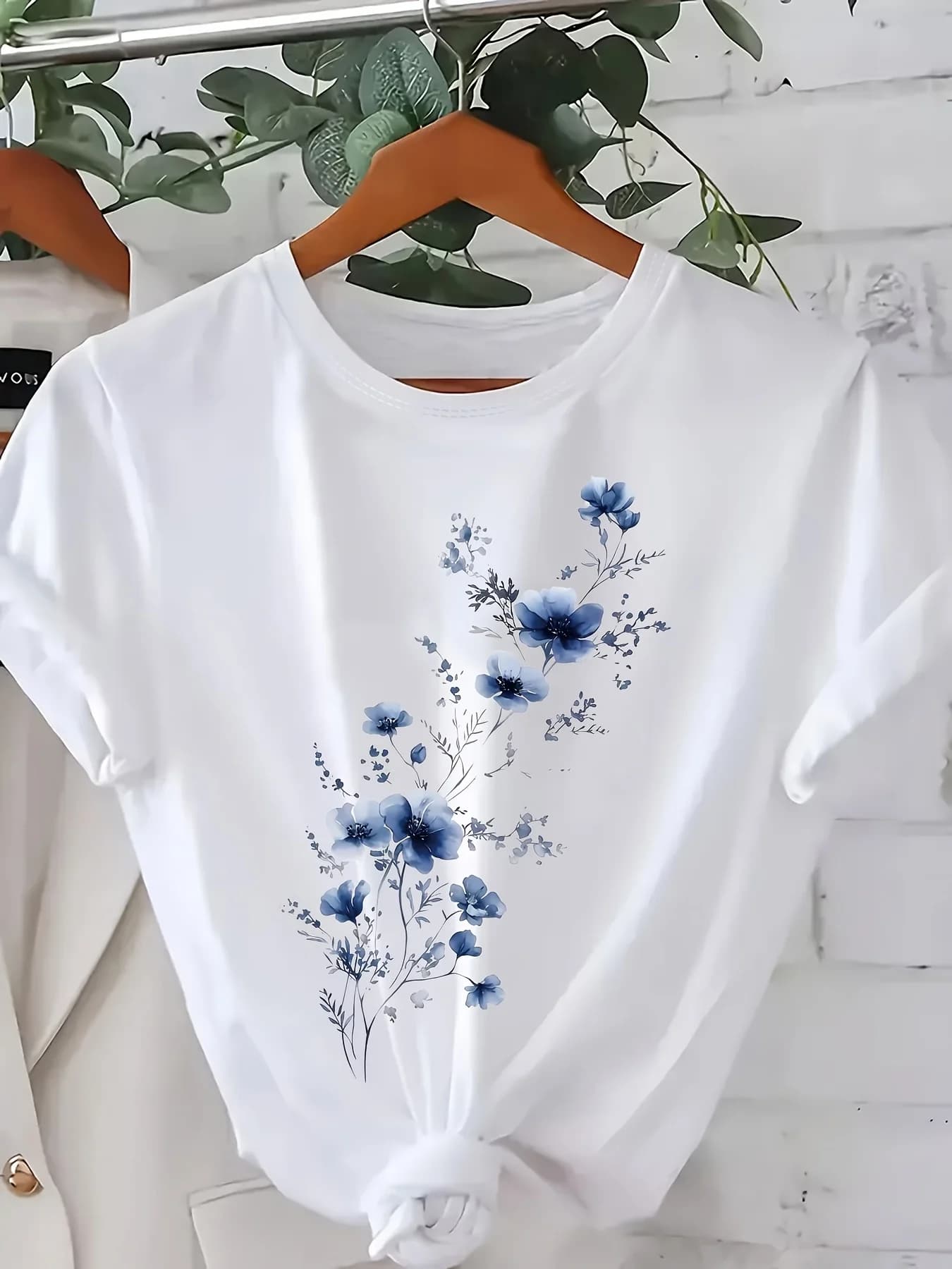 T-shirt da donna con stampa floreale Design floreale blu Girocollo casual Manica corta Primavera Estate Autunno Moda Top T-shirt da donna