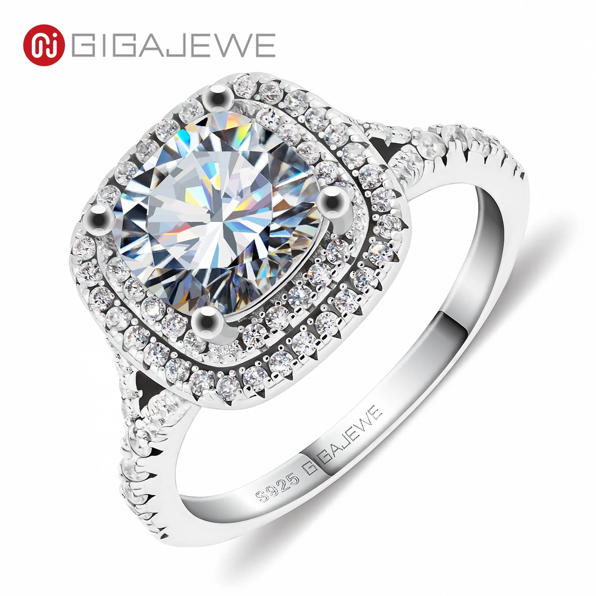 GIGAJEWE 2.5ct D Colore Cuscino 18K Placcato Oro Bianco Argento 925 Moissanite Splendido Anello di Fidanzamento Artiglio Impostazione Ragazza Donna Regalo