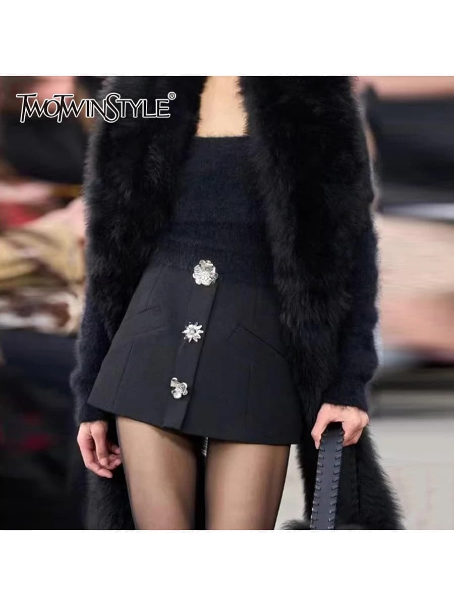 TWOTWINSTYLE Minigonne di moda con perline impiombate dimagranti per le donne Tasche patchwork a vita alta Gonna temperamento Abbigliamento femminile