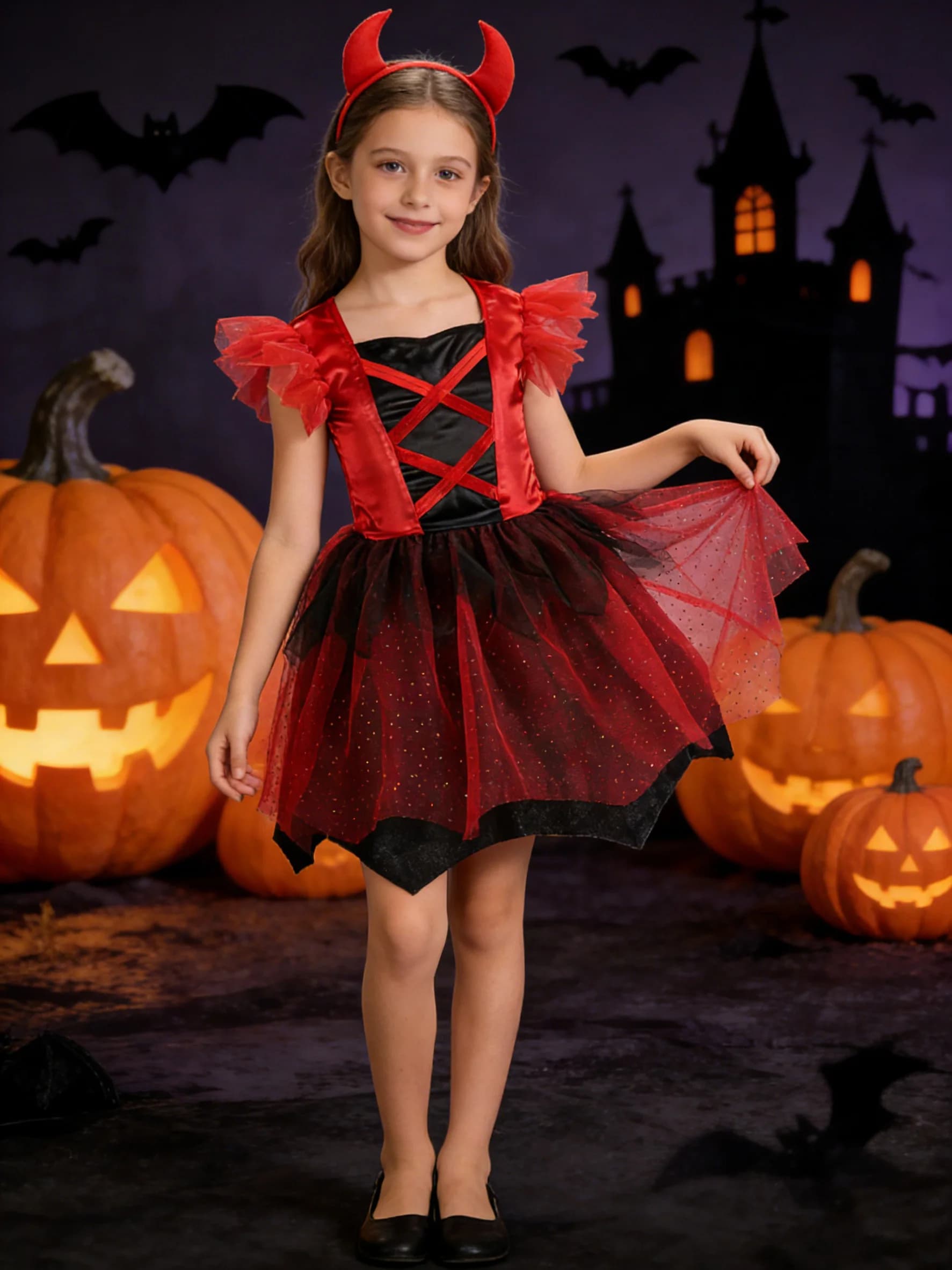 1 Dress + 1 Headband Set, Halloween Festival Party Costume Dress, Stage Performance Dress, Various Festival Party Red Devil Dresses