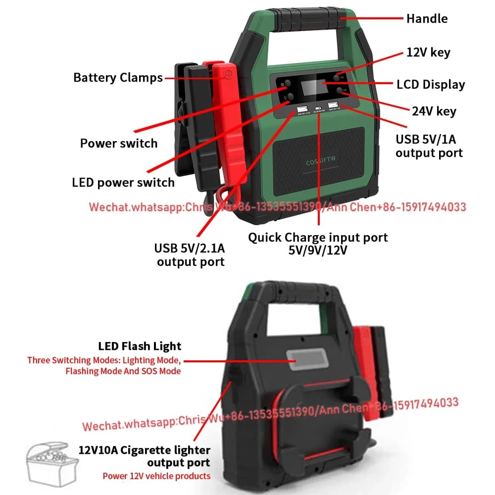 COSSIFTW HD40 5000A Peak 46800mAh Avviatore di emergenza per auto (per tutte le auto 12v Motore diesel da 14,8 litri) Booster batteria automatica 12V 24V Verde