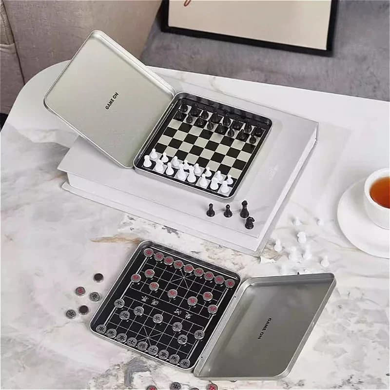 Mini Magnetic Chinese Chess & International Chess Set Foldable Metal Box Portable Board Game Intellectual Travel Game