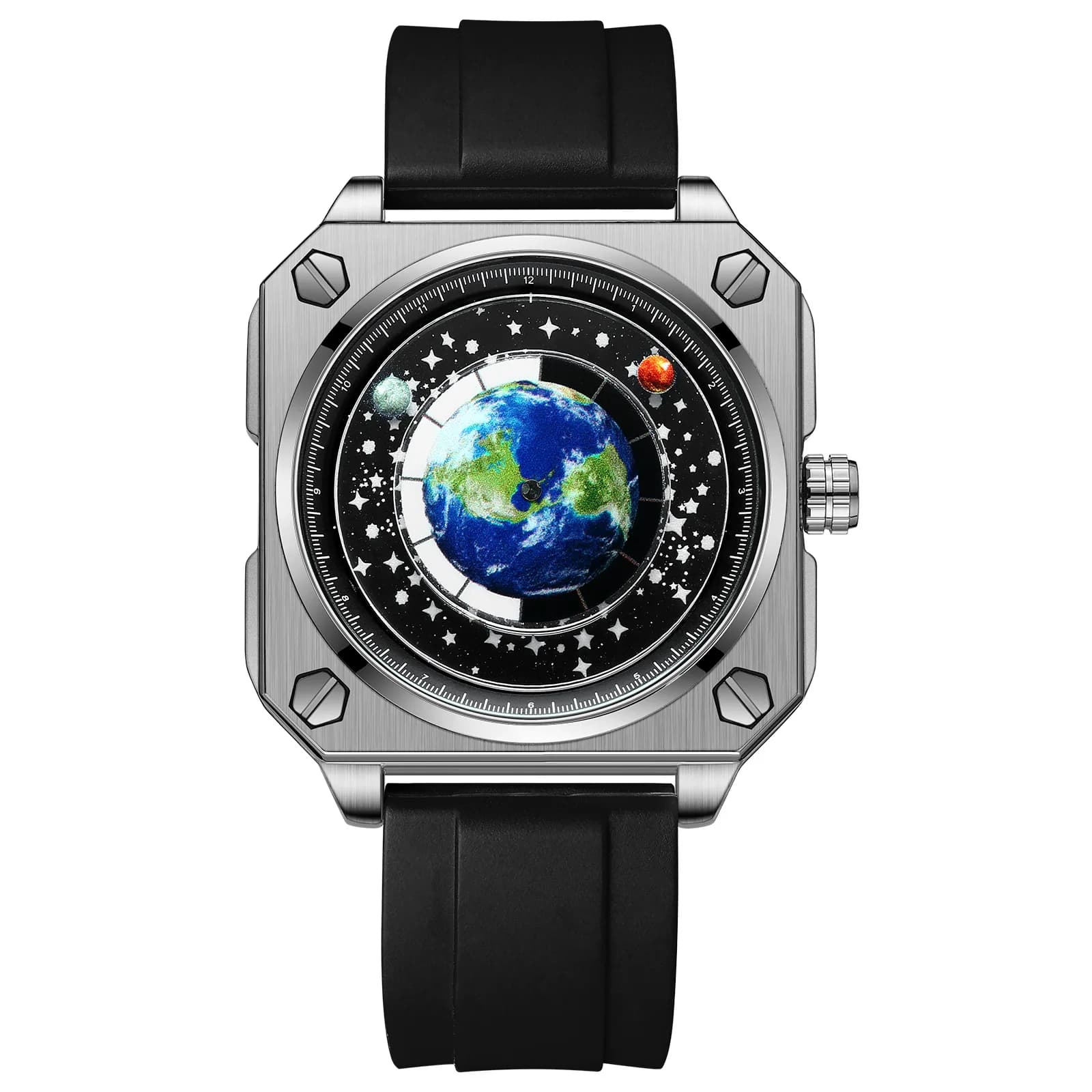 English: Cool Rectangle Starry Dial Men Quartz Watch Comfort Silicone Strap Waterproof Casual Fashion Wristwatch