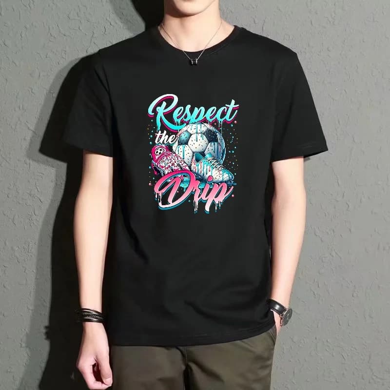 Men's Black Crew Neck Short-Sleeve T-Shirt with Football Shoe Letter Print, Street Style Top, Trendy Loose Fit, Versatile for Everyday Casual Wear, Breathable and Comfortable