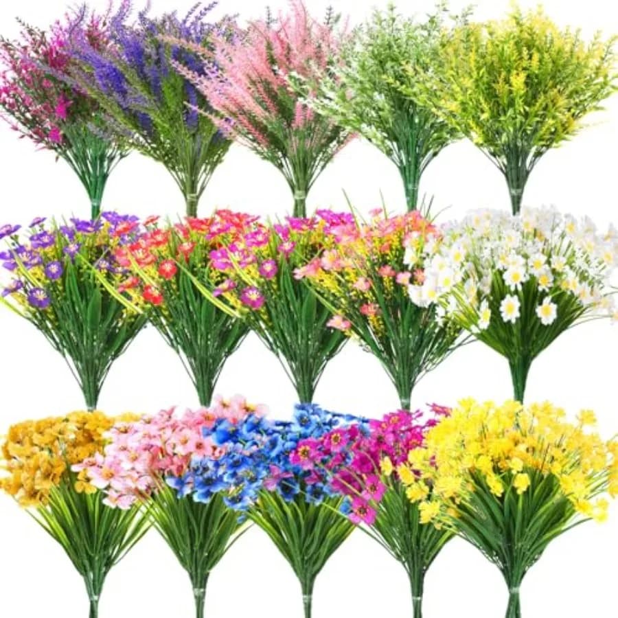 60 Mazzi di Fiori Artificiali da Esterno: Piante Artificiali in Plastica Resistenti ai Raggi UV, 15 Stili, per Fioriere da Finestra, Portico, Patio