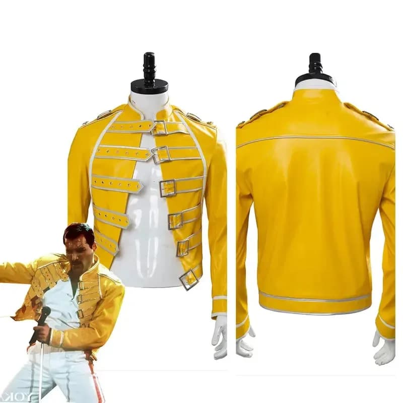 2025 New Queen Lead Vocals Freddie Mercury Cosplay Costume anime per uomini adulti Giacca gialla Cappotto Festa di carnevale di Halloween ★ ❤ ♡ ★