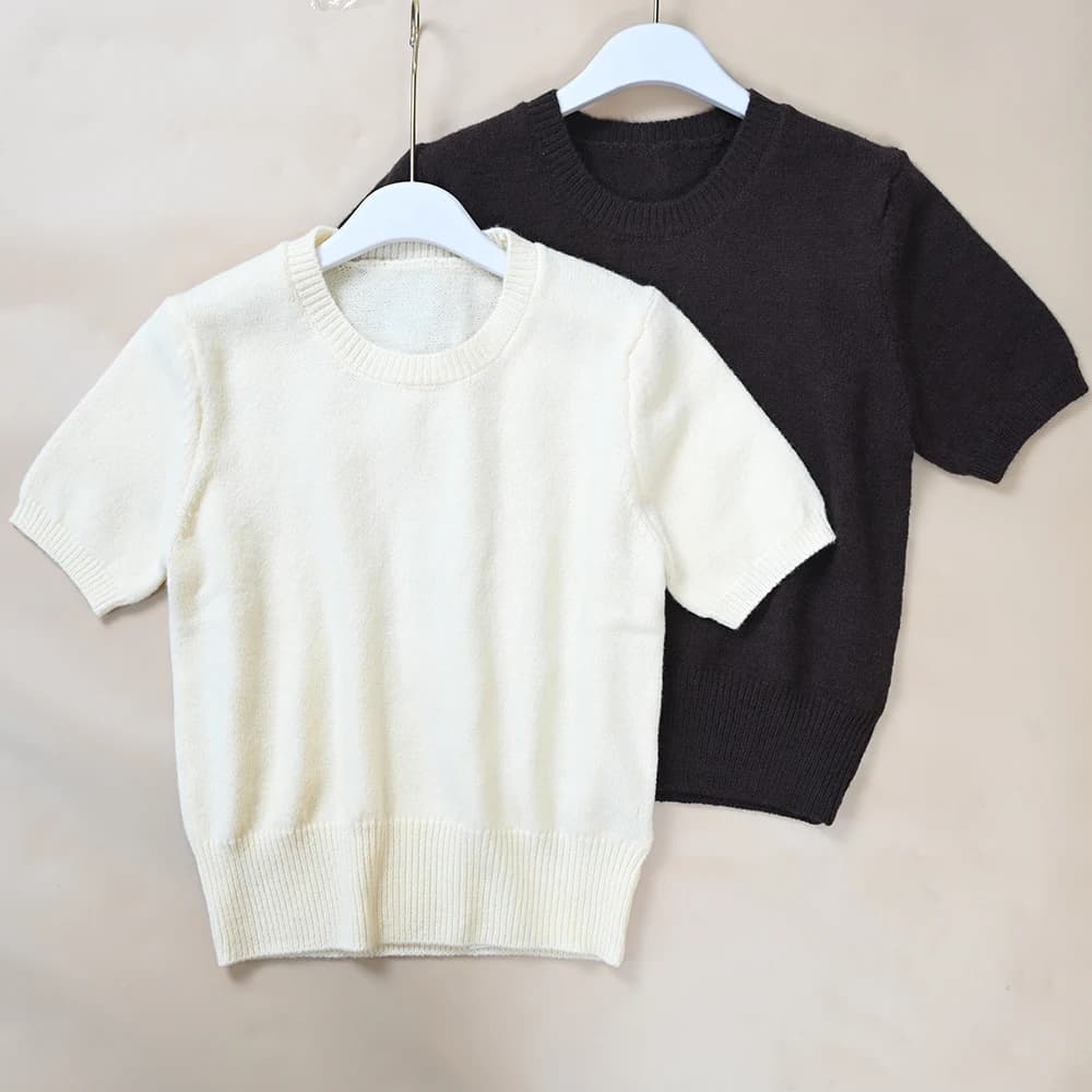 Spring New Style Women's Slim Fit round Neck Cream Knitted Short Sleeve T Shirt Top Fashionable Comfortable Breathable Casual...