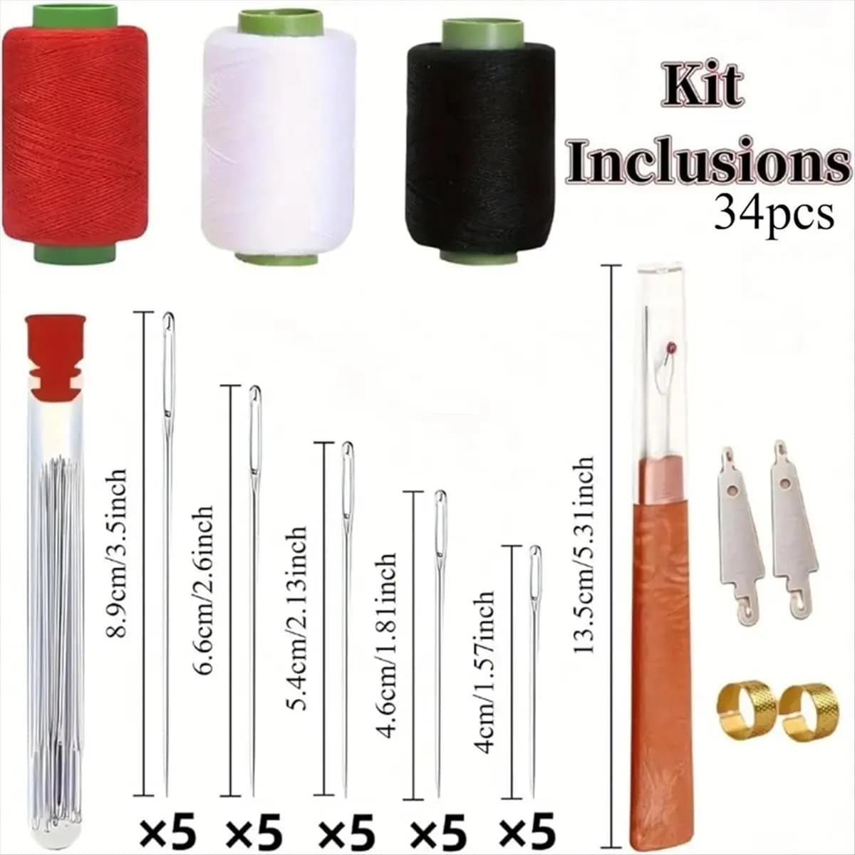 Set di 34 Aghi da Cucito A56K con Occhiello Grande in Acciaio, Kit per Quilting e Cucito Fai-da-Te