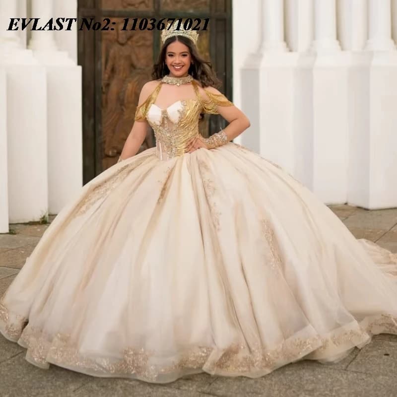 EVLAST Personalizzato Glitter Champagne Abito Quinceanera Spalle Scoperte Oro Applique di Pizzo In Rilievo Dolce 16 Abiti Da 15 Anos E2QA17