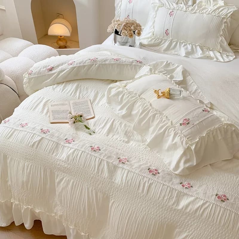 Set Biancheria da Letto 3/4 Pezzi Stile Principessa Coreana con Volant, in Cotone Bollito, Lenzuolo Piatto, Copripiumino e Federe
