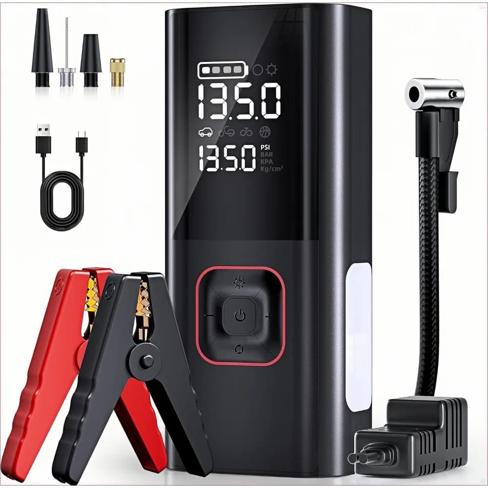 Avviatore di Emergenza con Compressore d'Aria, Avviatore Batteria 5000A, Avviatore Batteria Auto 12V con Cavi di Avviamento, Luce LED
