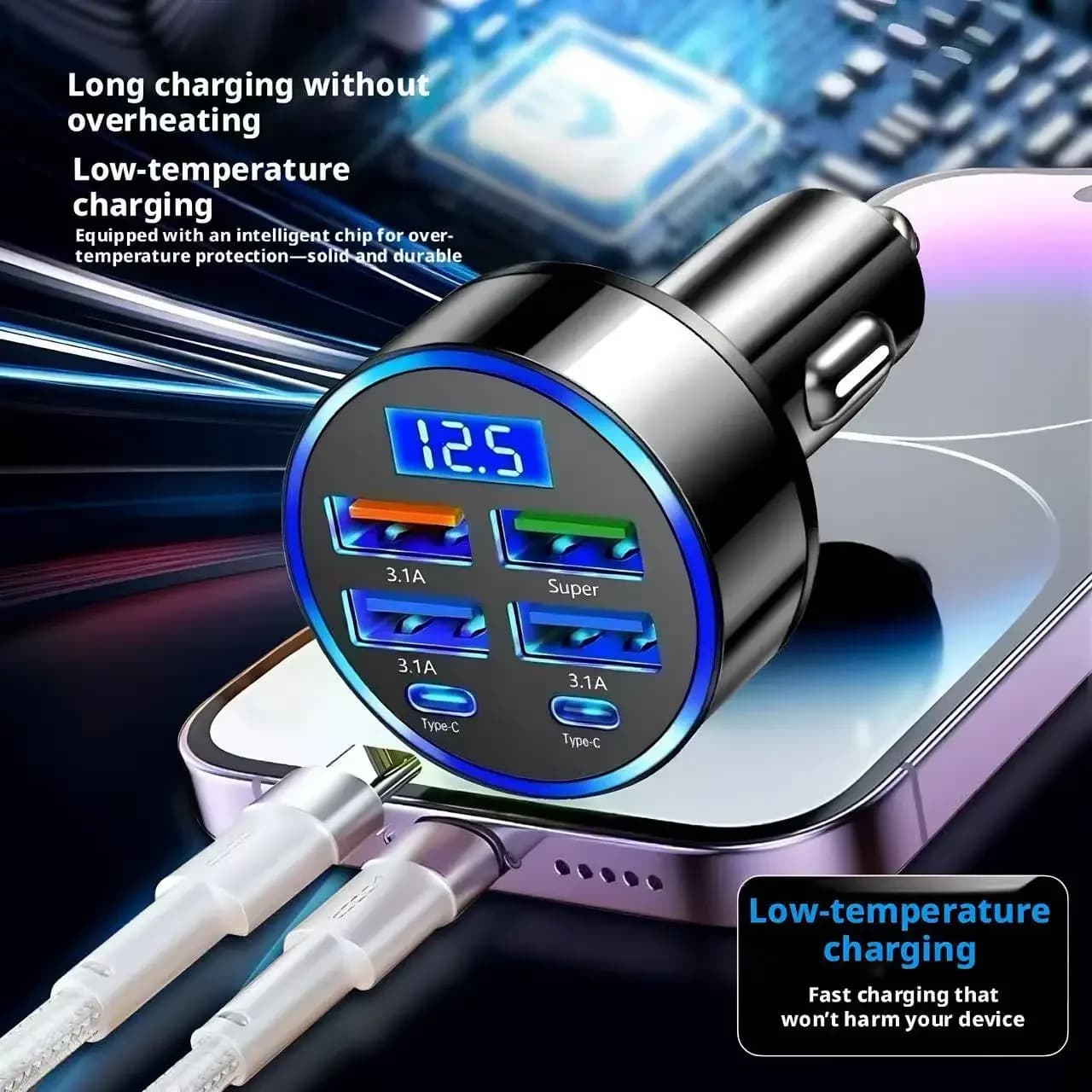 Caricabatterie Auto Multi-Porta 6USB, Ricarica Super Veloce, Adattatore Splitter Accendisigari Universale, Caricatore Rapido per Telefono in Auto