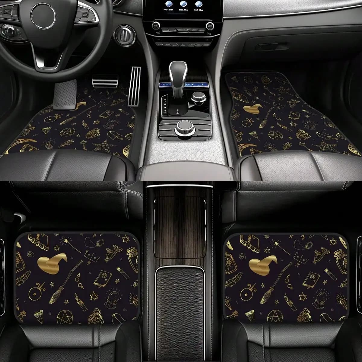 Tappetini per auto con motivo scopa Cartoon Magic Academy, 4 pezzi - Poliestere resistente, protezione per tutte le stagioni per auto, camion, SUV