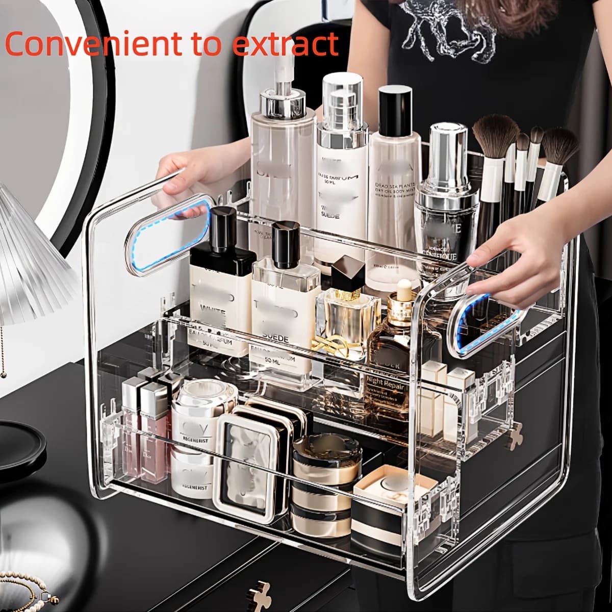 Organizer cosmetico da scrivania in acrilico trasparente, cestino portaoggetti inclinato per trucco, rossetto, profumo, maschera facciale e altro