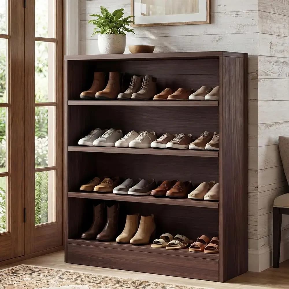 5-Tier Wooden Shoe Storage Organizer with Adjustable Shelves for Entryway and Living Spaces in Walnut Finish