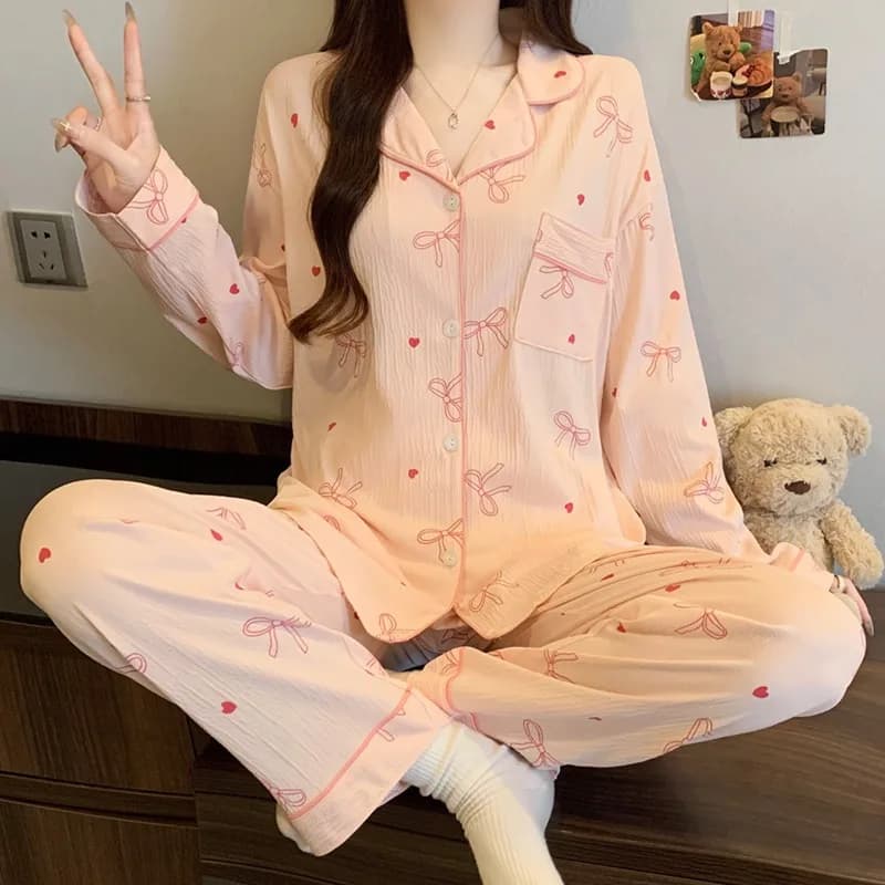 Pink Bow Tie Love Print Pajamas for Women Long Sleeve Top & Elastic Waist Pants Pajamas Set Harajuku Style Casual New Home Wear