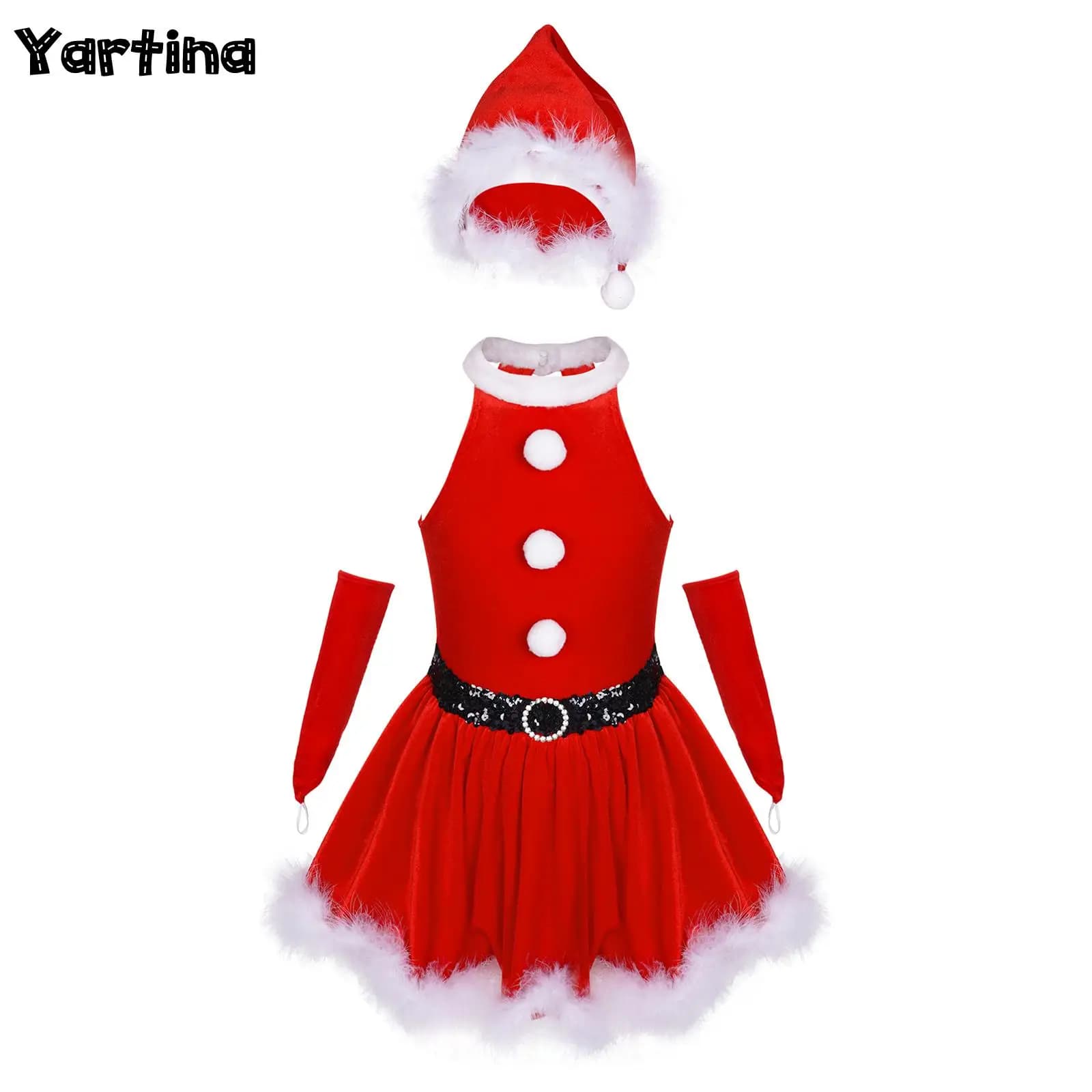 Ragazze Natale Natale Babbo Natale Costume Cosplay Pelliccia sintetica Taglio Velluto Ginnastica Body Pattinaggio su ghiaccio Figura Abito rotante