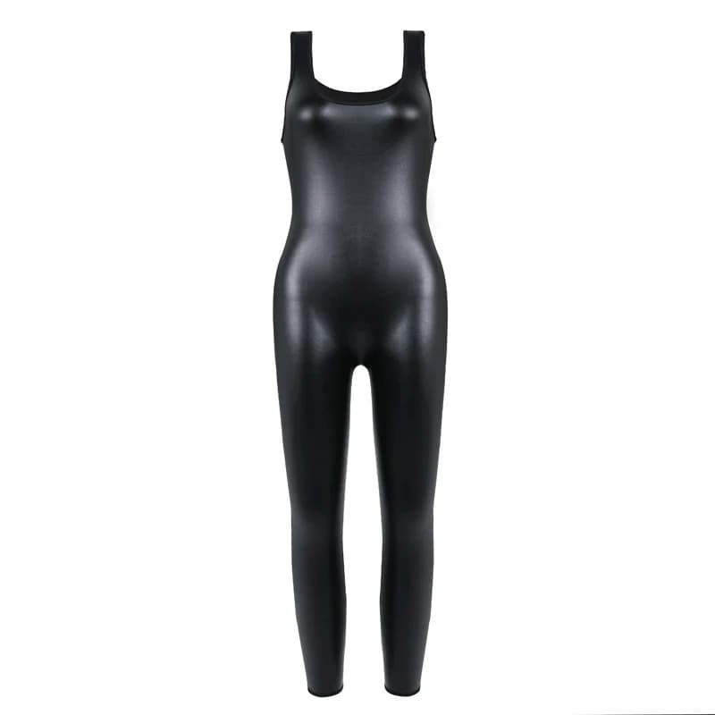 Women's full modeling body in leather, sleeveless suit, high elasticity body, corset, tight leggings, sexy shapewear leather