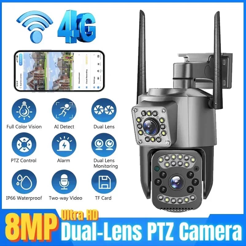 8MP WIFI IP Camera 4K PTZ Dual Lens CCTV Surveillance 4G Sim Card Camera Night Vision Auto Human Tracking Outdoor Waterproof Cam