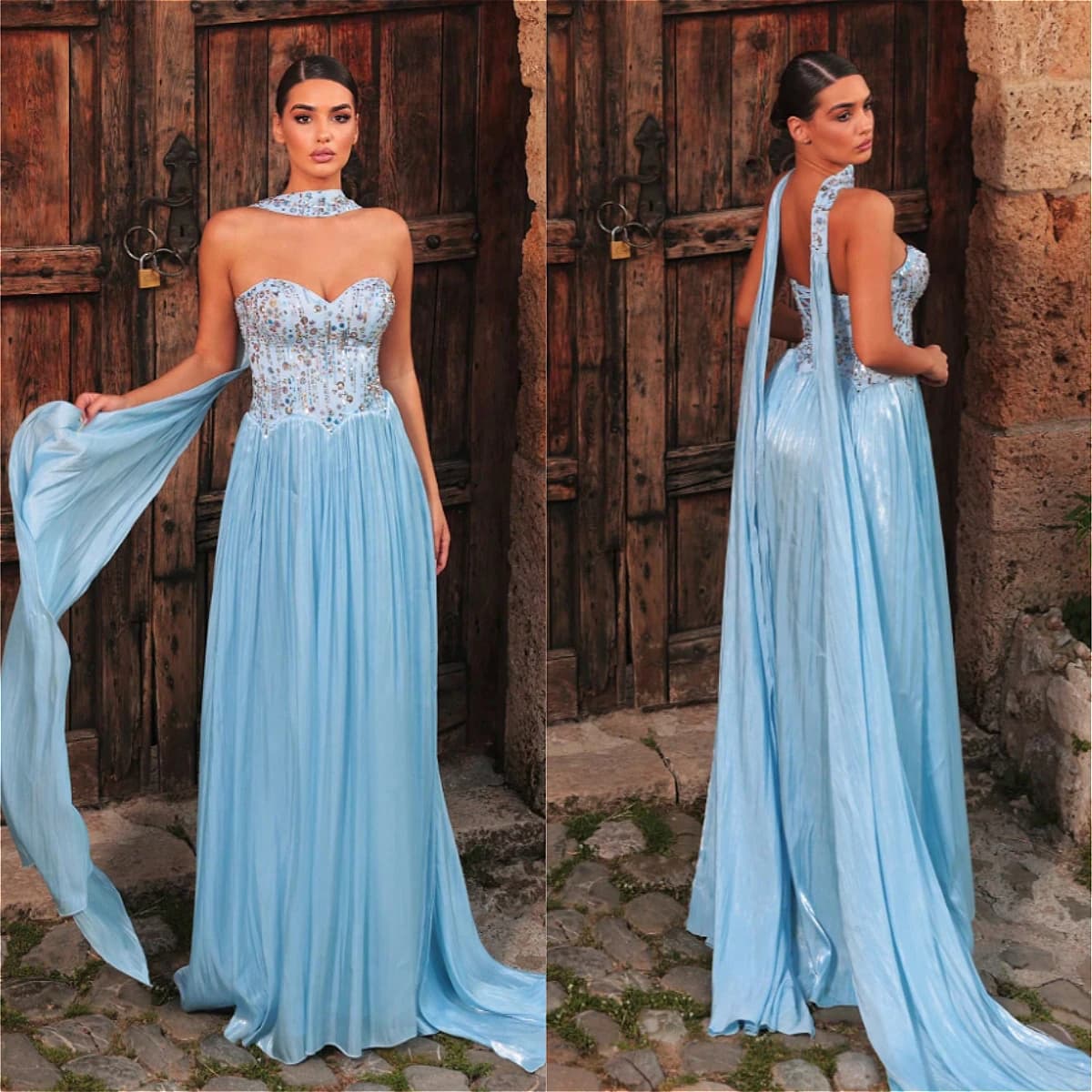Customized Blue Halter Neckband Pleated Chiffon Evening Gown Multi Rhinestone Corset Flowy Train Formal Wedding Guest Long Dress