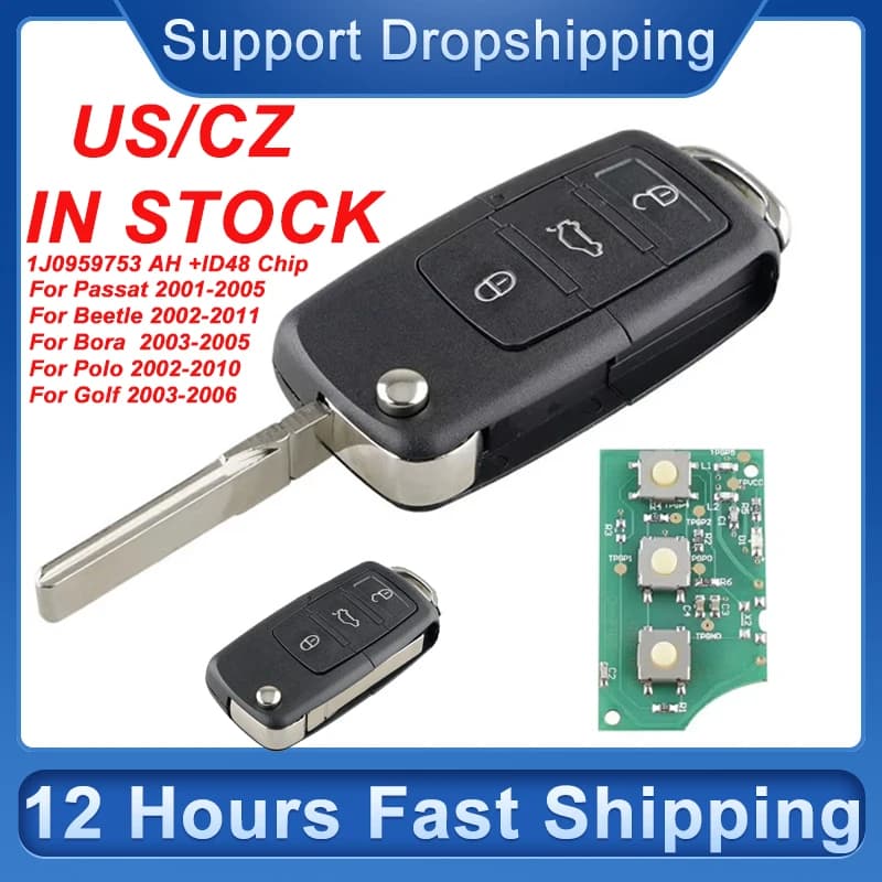 Chiave telecomando per auto con chiusura centralizzata per Volkswagen Beetle Caddy Golf Mk6 3 pulsanti Flip Smart Key Fob Chip ID48 Chiave telecomando