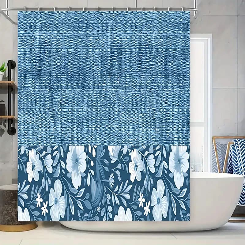 Tenda da doccia con tappetino da bagno blu con design floreale bianco per l'arredamento del bagno Tappeto antiscivolo per l'area della vasca Dimensioni: 72 x 84 pollici