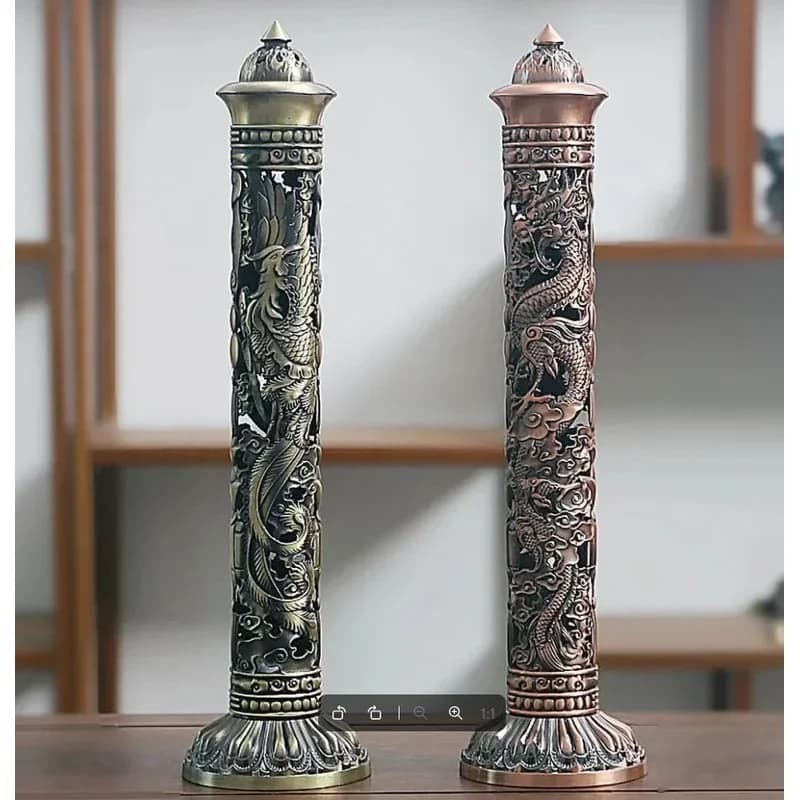 Dragon Phoenix Alloy Incense Censer, Buddhist Heart Sutra Pillar Incense Holder, Traditional Home Decoration Craft