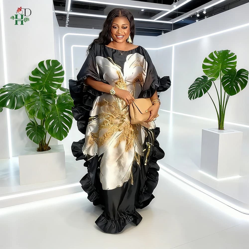 Dresses African Strong Size Women's Dress Golden Bubu Dress with Volant BouBou Djellaba for Wedding Party Meetings