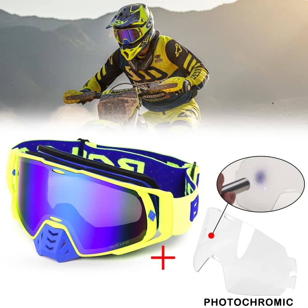 Occhiali Moto Auto-Oscuranti da Uomo con Doppia Protezione Anti-Appannamento e Cinghia Antiscivolo, Occhiali da Motocross con Protezione UV400 per ATV, Fuoristrada e Sci