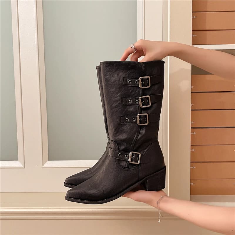 Retro Western Cowboy Boots Women 2026 New Belt Buckle Tall No Knee Heels