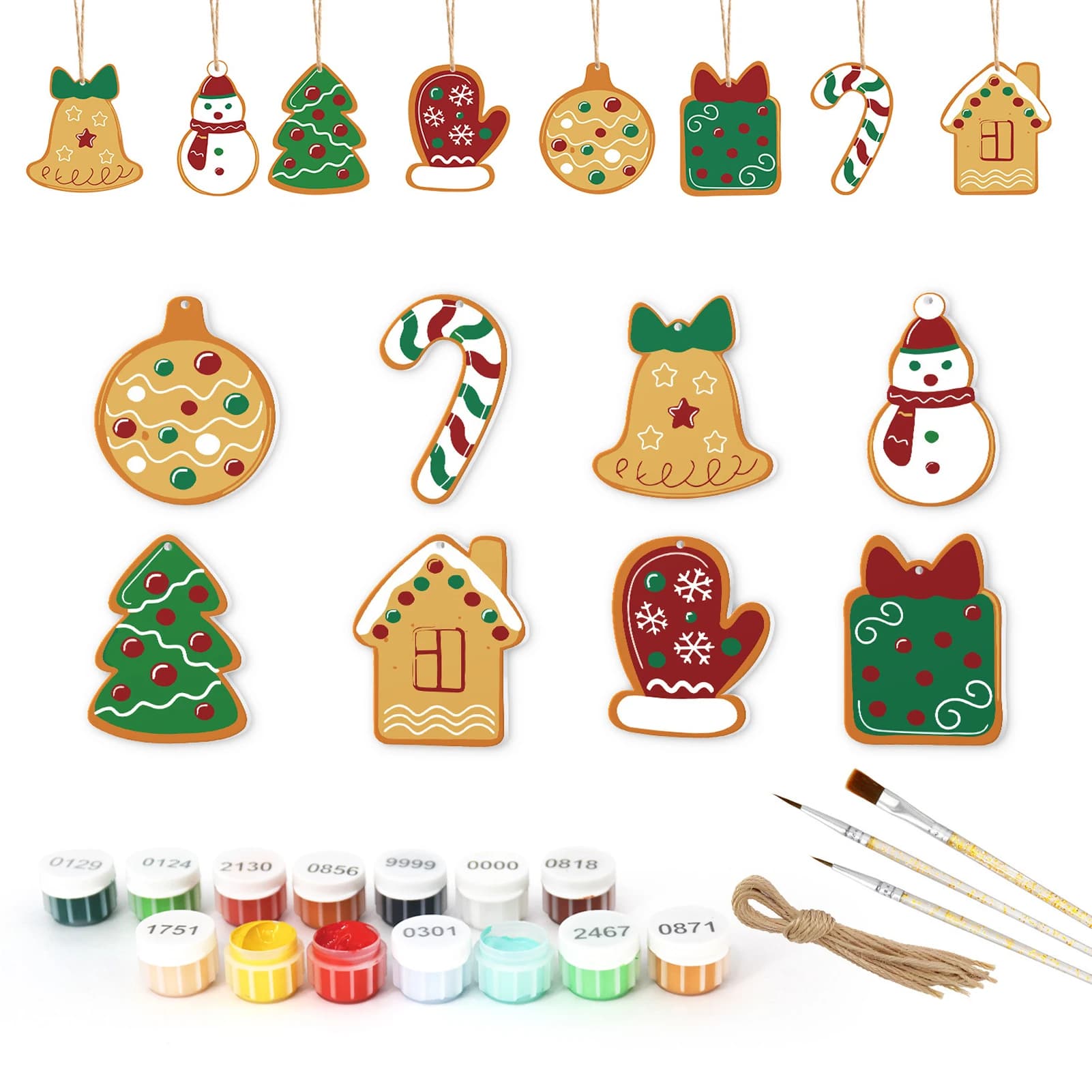 8PCS DIY Christmas Tree pendant Painting By Numbers Kit with Hemp Rope PVC Brushes and Acrylic Paints For DIY Tree Decorations