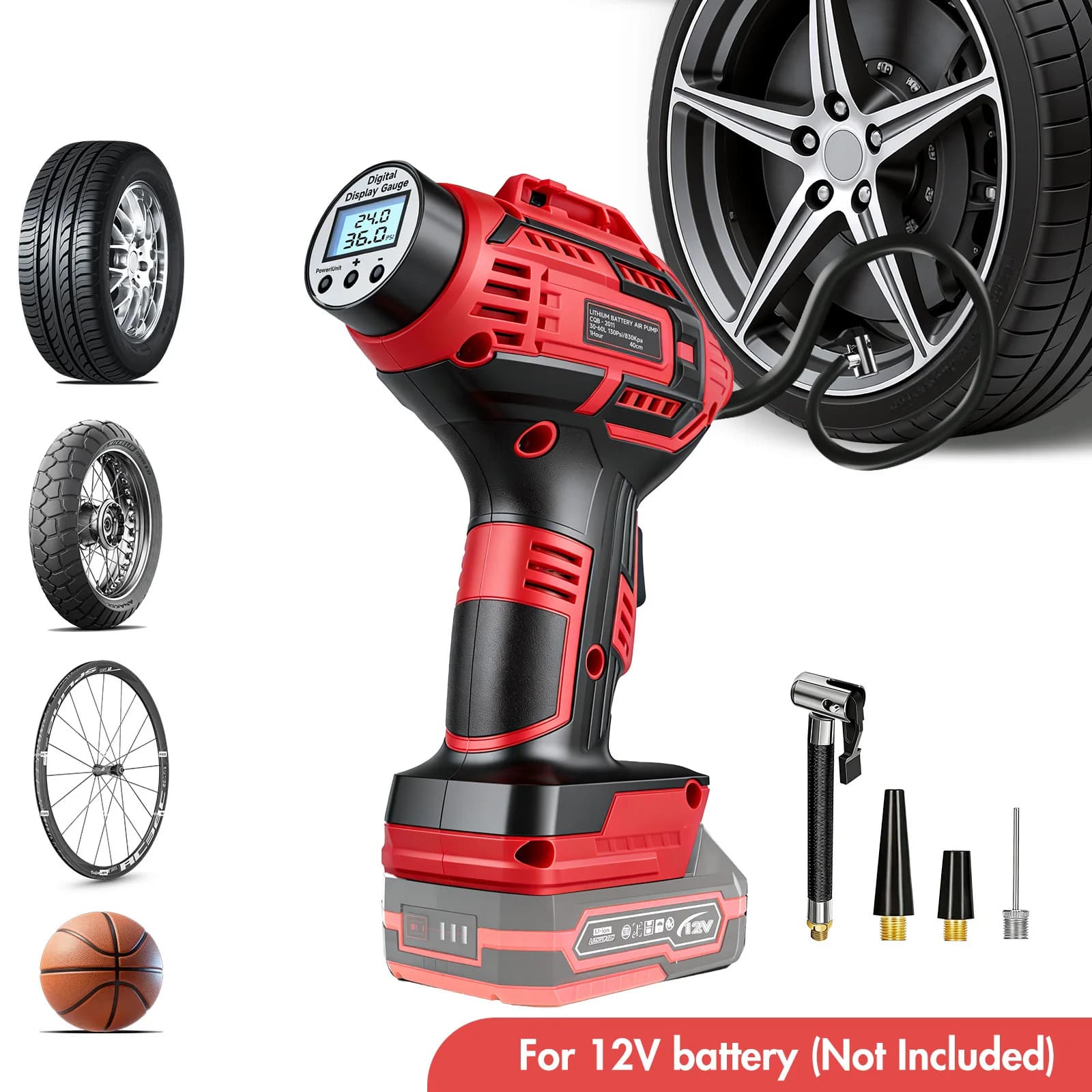 20V Portable Car Tire Inflator Pump with 12V Car Adapter, For Makita Battery, With ON\ONE\TWO Battery, Digital Display, and Blow Mold Case, Available in Upgraded Yellow and Upgraded Red Versions, Suitable for Car, Motorcycle, Bicycle Tires, and Sports B