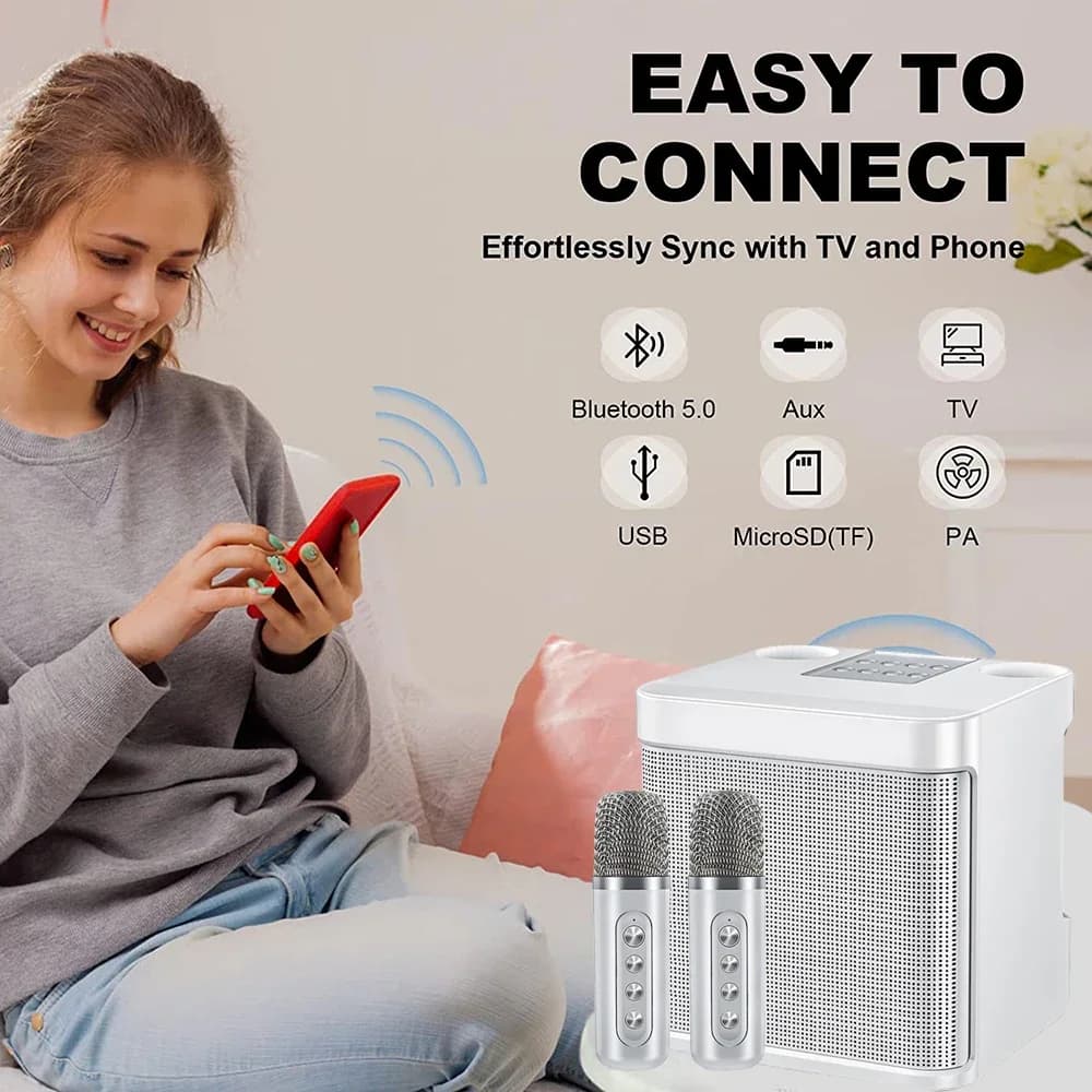 Portable AUX TF card USB player, party voice changer, dual wireless microphones, karaoke machine